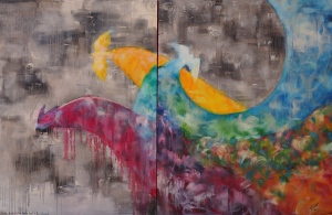 birds rainbow primary colors abstract grey stormy symbolic oil painting